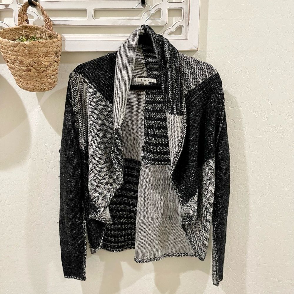 Cabi wool blend patchwork shawl collar open front sweater cardigan size M